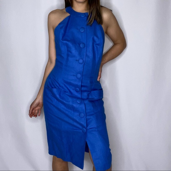 Vibrant blue chunky button up midi dress sz 2/4 - Picture 3 of 12